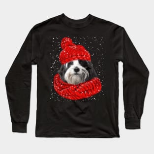 Tibetan Terrier Wearing Red Hat And Scarf Christmas Long Sleeve T-Shirt